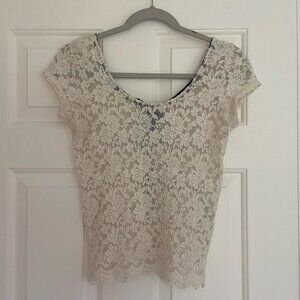 Pins and Needles Ivory Lace Blouse with Black Ribbon Tie Size Small
